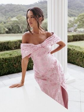 Petal and Pup Lilia Maxi Dress - Pink. Off-Shoulder Pink Jacquard Midi Dress